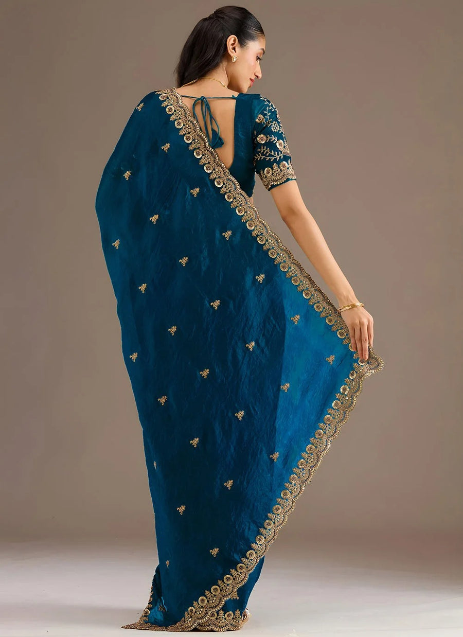 Dove Blue Designer Tissue Saree with Diamond & Pearl Work