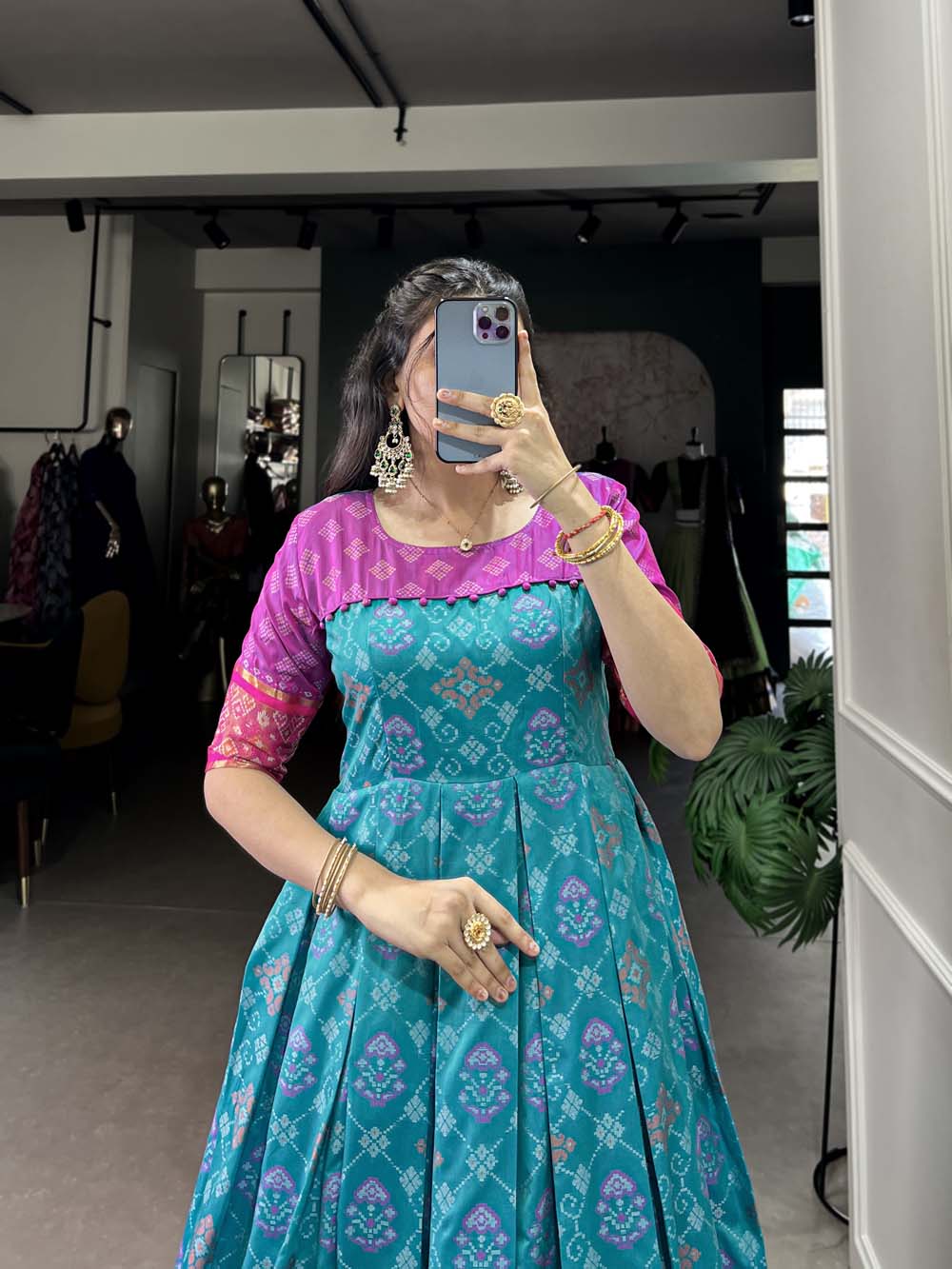 Sky Blue Color Jacquard Silk Patola Print With Zari Weaving Work Gown