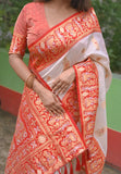 Durga Puja Special Baluchari Soft Silk Saree | White Red Meenakari