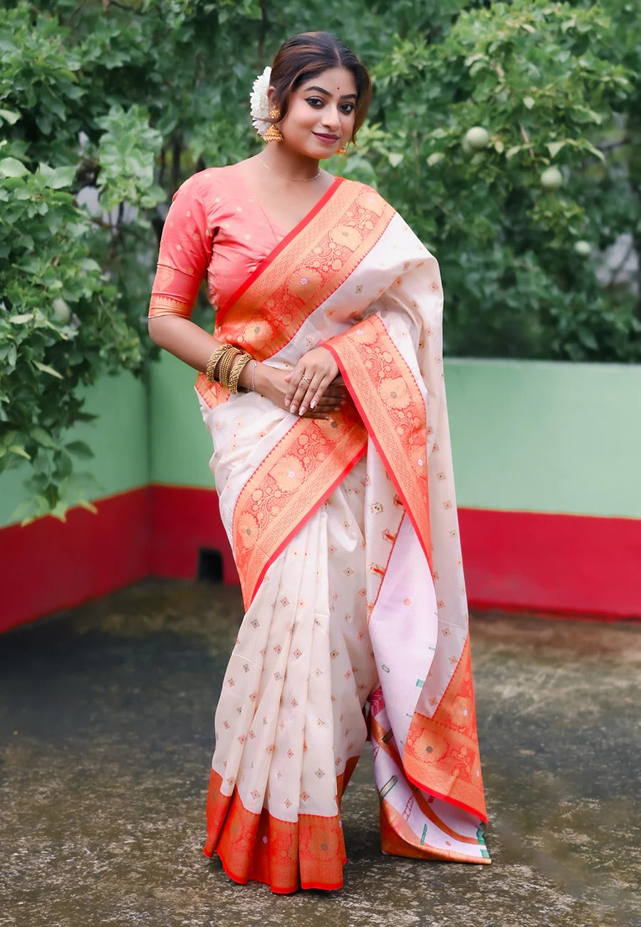 Traditional White Red Soft Silk Saree with Meenakari Butti for Durga Puja