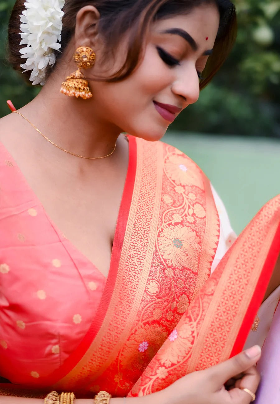 Durga Puja White Red Soft Silk Saree with Meenakari Butti