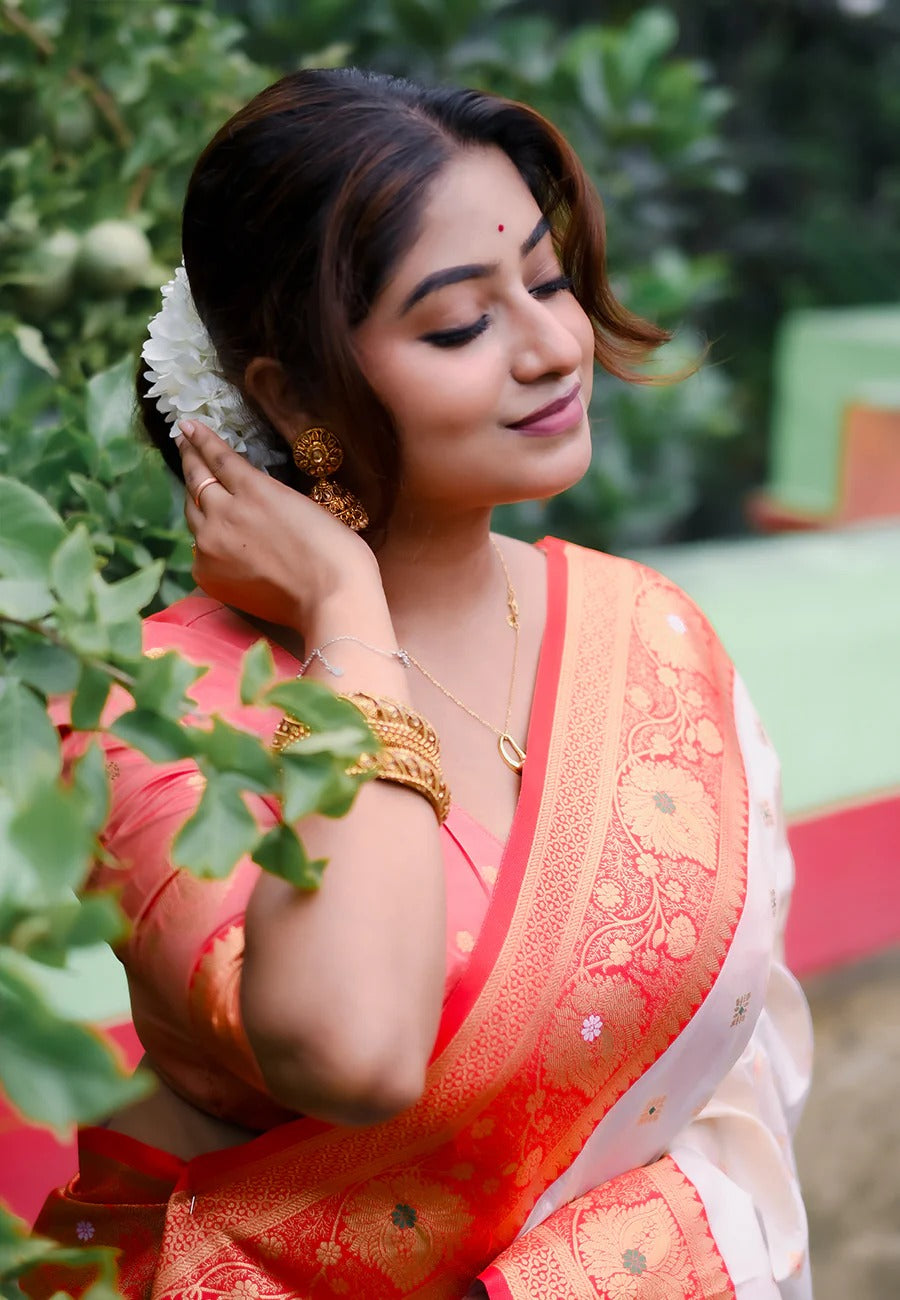 Durga Puja soft silk saree with white red meenakari butti work