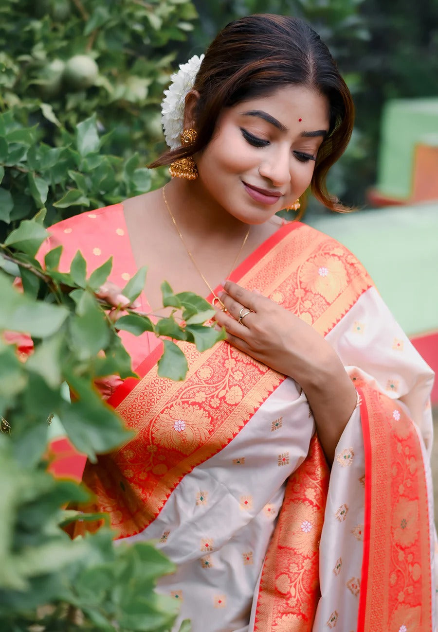 Woman wearing a traditional saree with a floral background