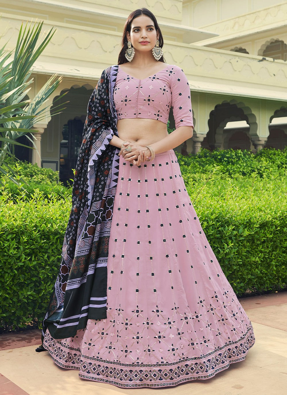 Dusty Pink Georgette Thread With Sequince Embroidered Work Lehenga