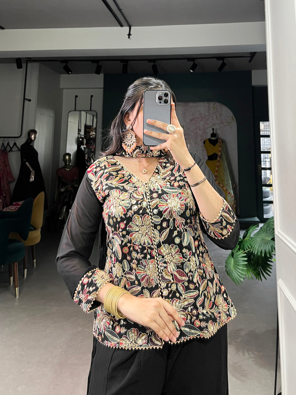 Black Color Sequins With Embroidery Work Georgette Kurti Plaza Set