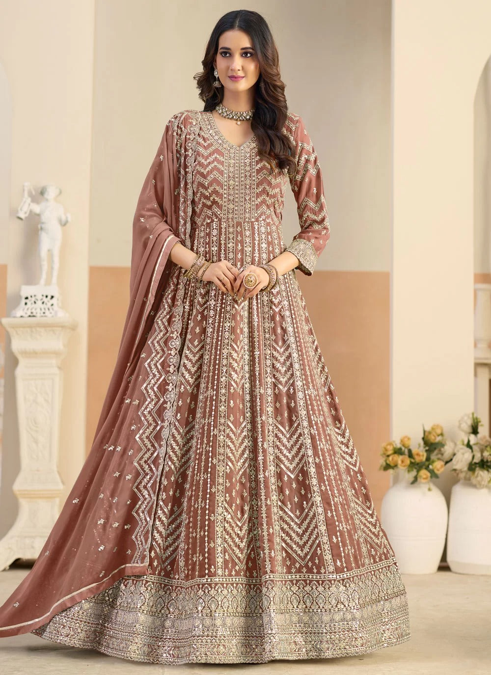Brown ethnic Anarkali suit with front and back work