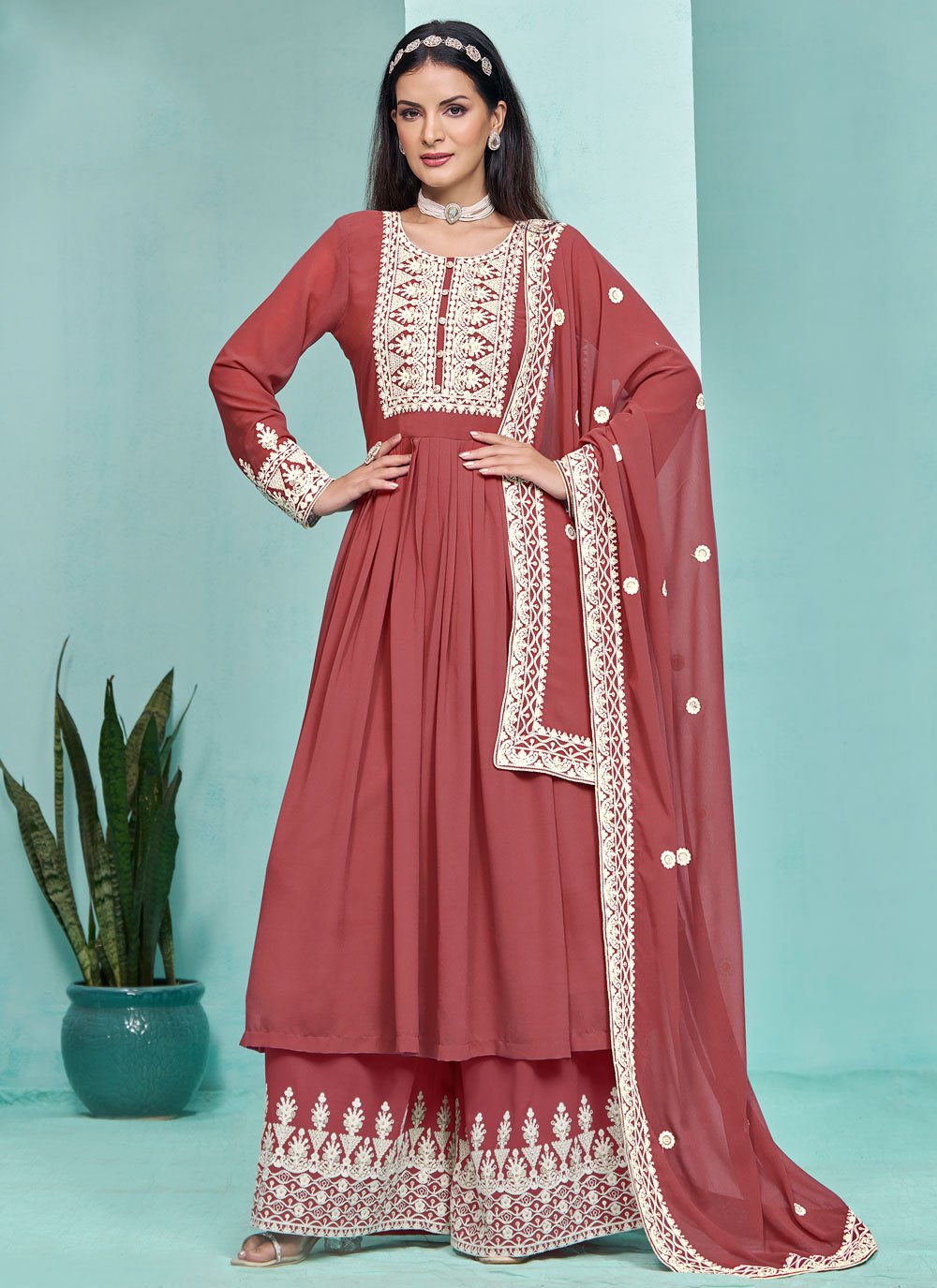 Elegant Brown Faux Georgette Embroidered Palazzo Suit for Women