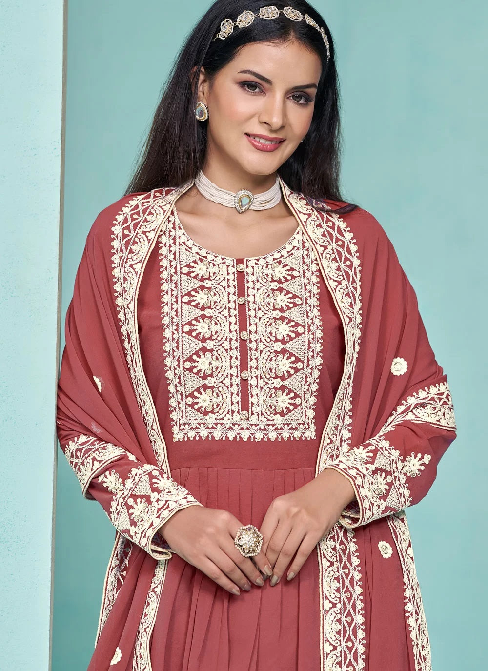 Elegant Brown Faux Georgette Embroidered Palazzo Suit for Women