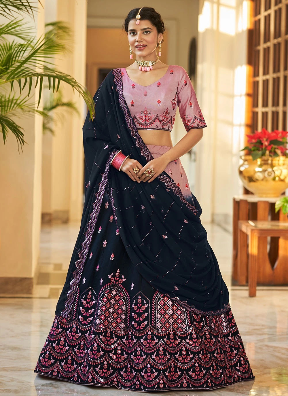 Elegant Dusty Pink Art Silk Lehenga with Georgette Dupatta featuring Thread and Sequins Embroidery