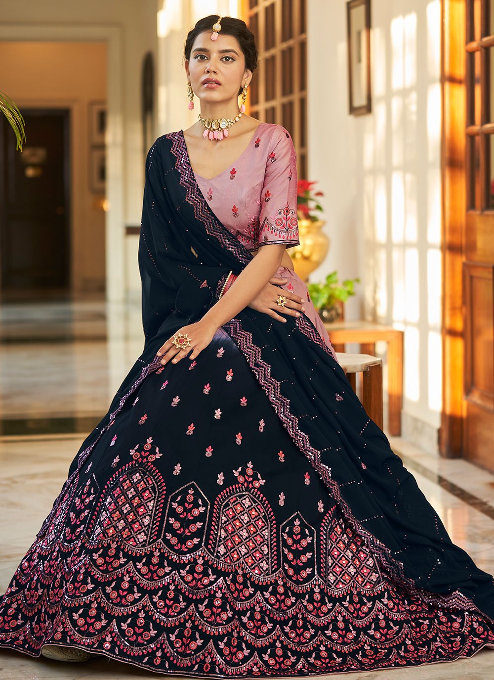 Elegant Dusty Pink Art Silk Lehenga with Georgette Dupatta featuring Thread and Sequins Embroidery