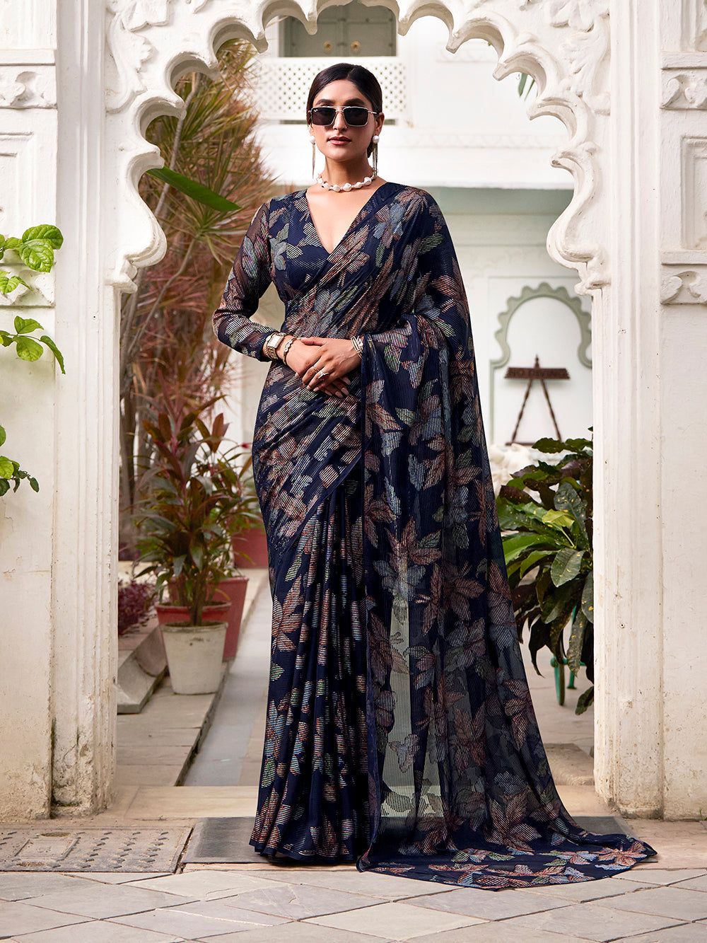 Navy blue brasso saree for wedding and festival wear