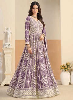 Lavender embroidered Anarkali suit in faux georgette fabric