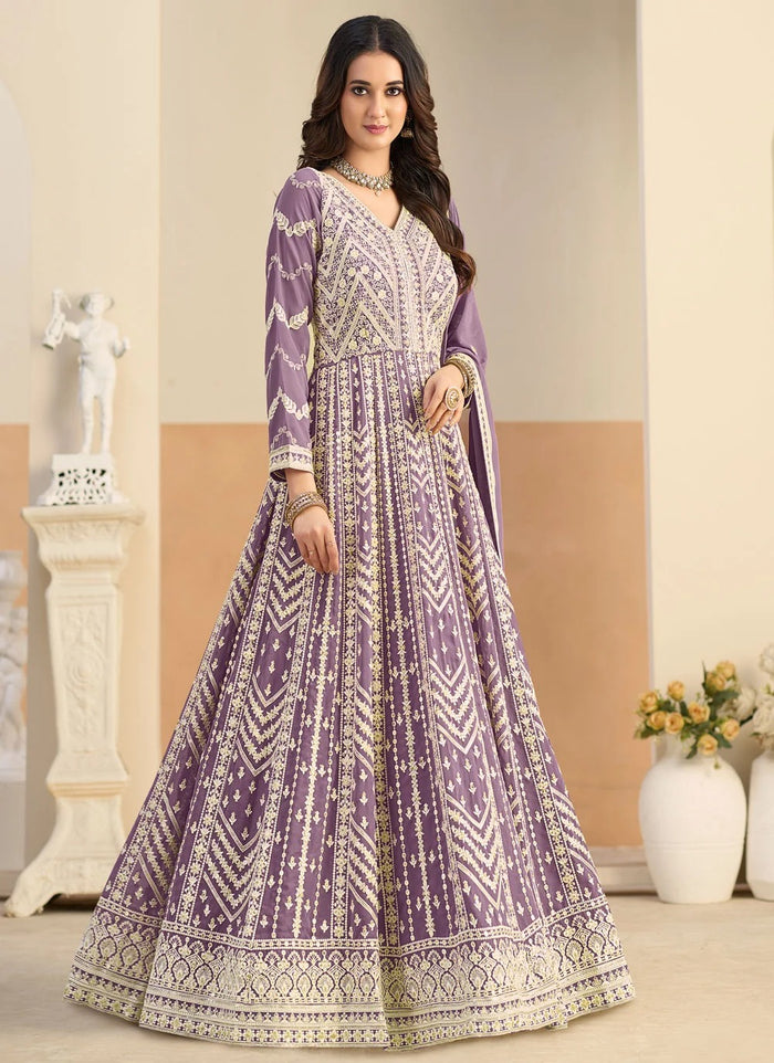 Lavender embroidered Anarkali suit in faux georgette fabric