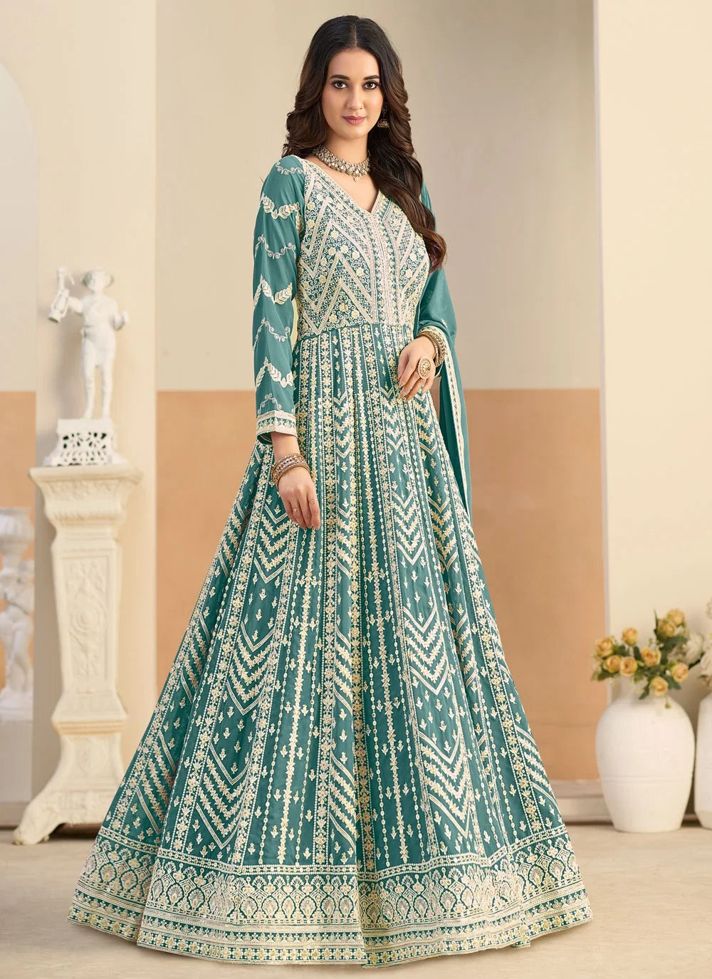 Stylish sea green ethnic outfit for wedding celebrations