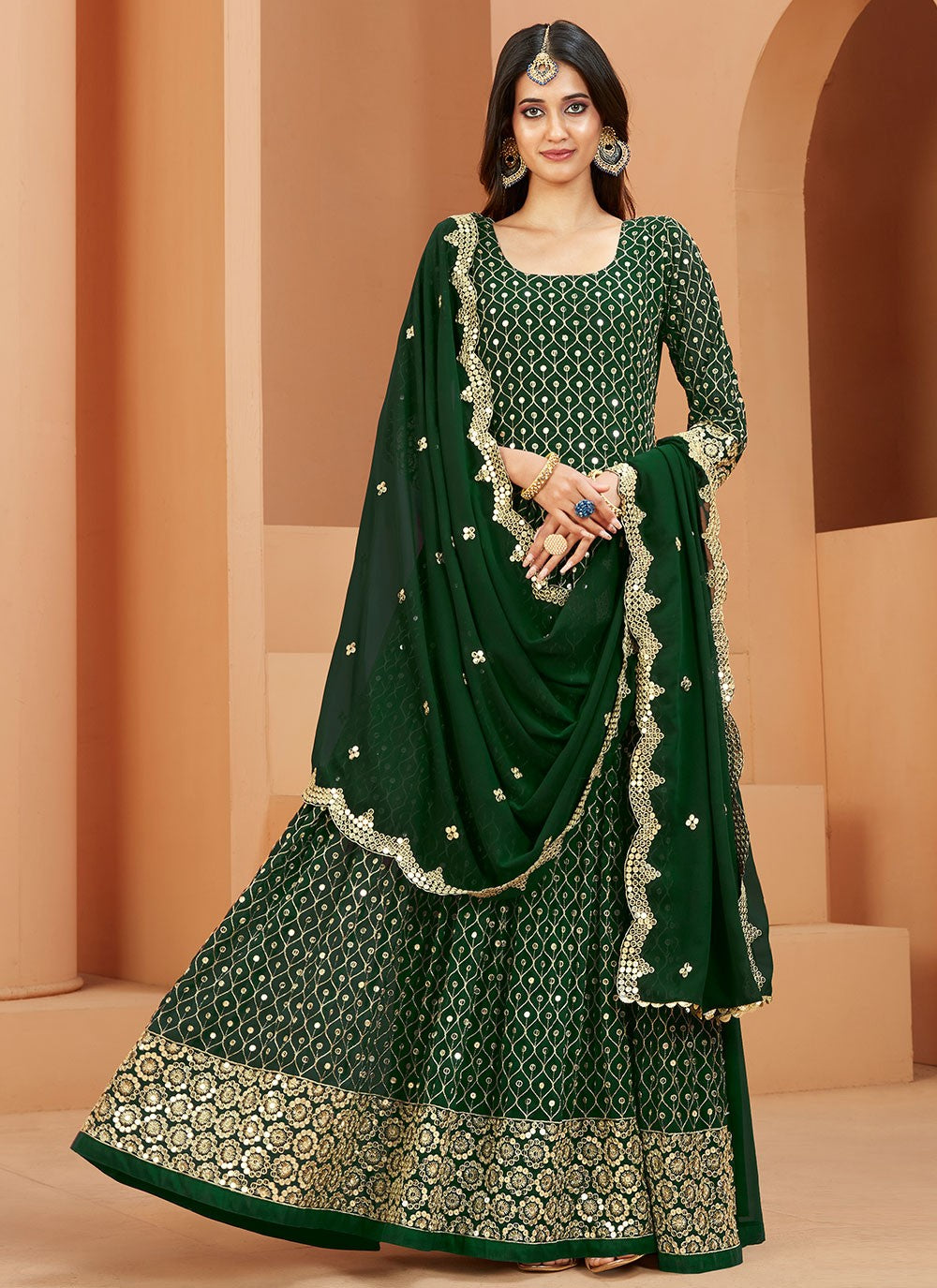 Elegant Green Faux Georgette Embroidered Anarkali Suit