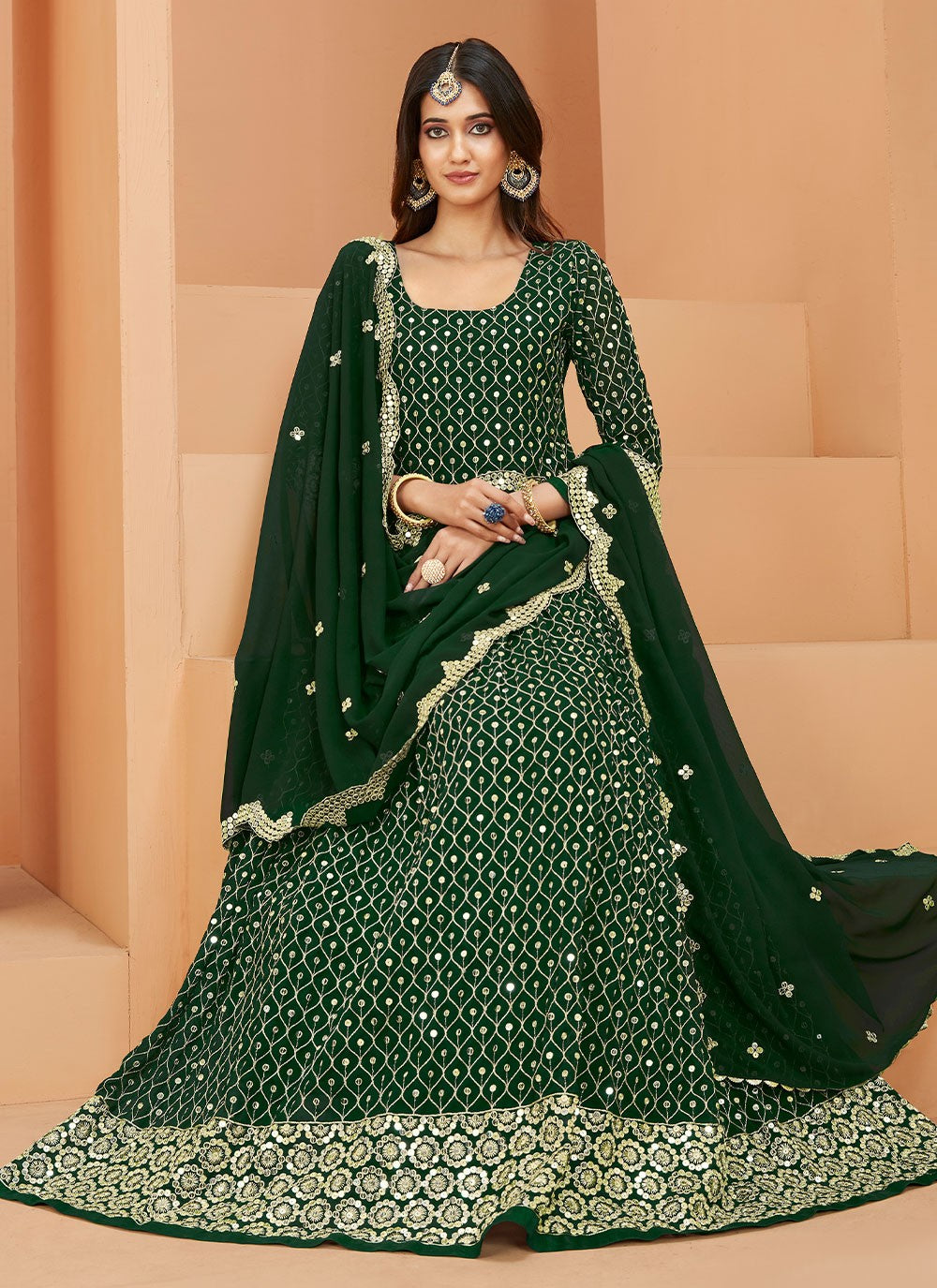 Elegant Green Faux Georgette Embroidered Anarkali Suit