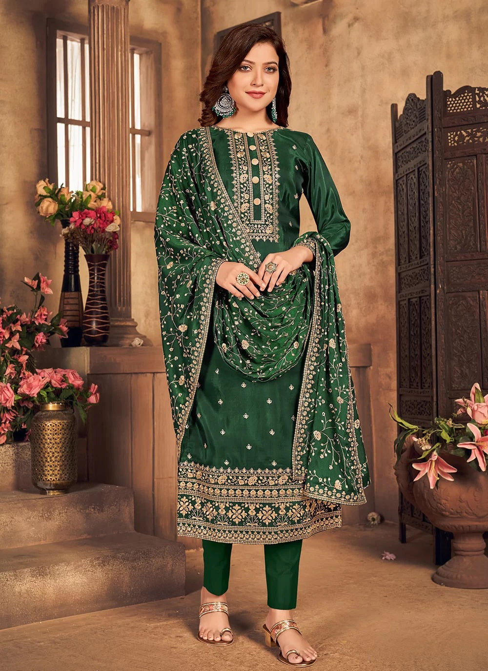 Elegant Green Silk Pant Style Embroidered Pakistani Salwar Suit