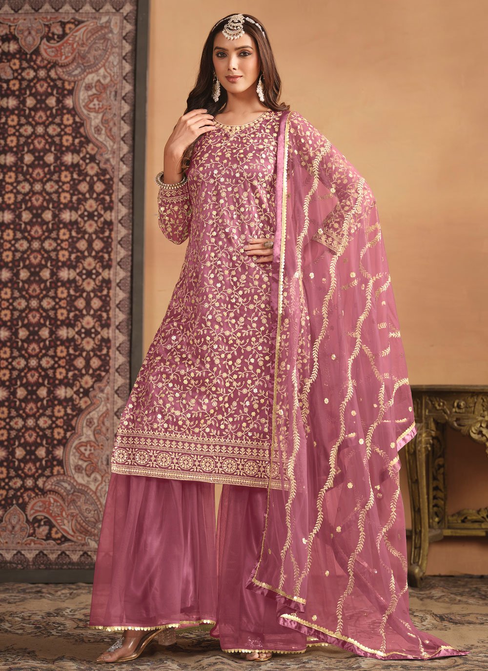 Elegant Lavender Net Embroidered Sharara Set for Women