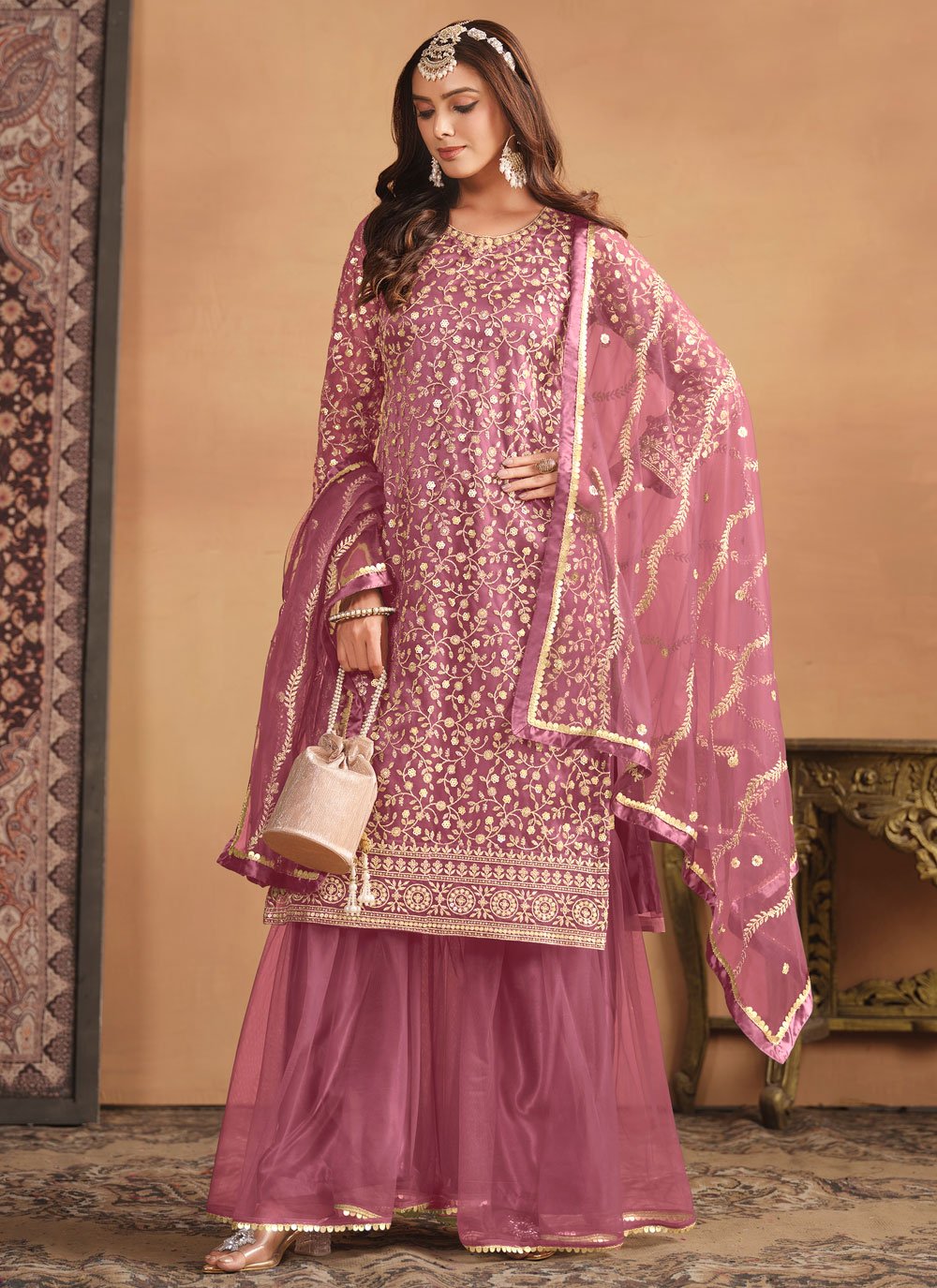 Elegant Lavender Net Embroidered Sharara Set for Women