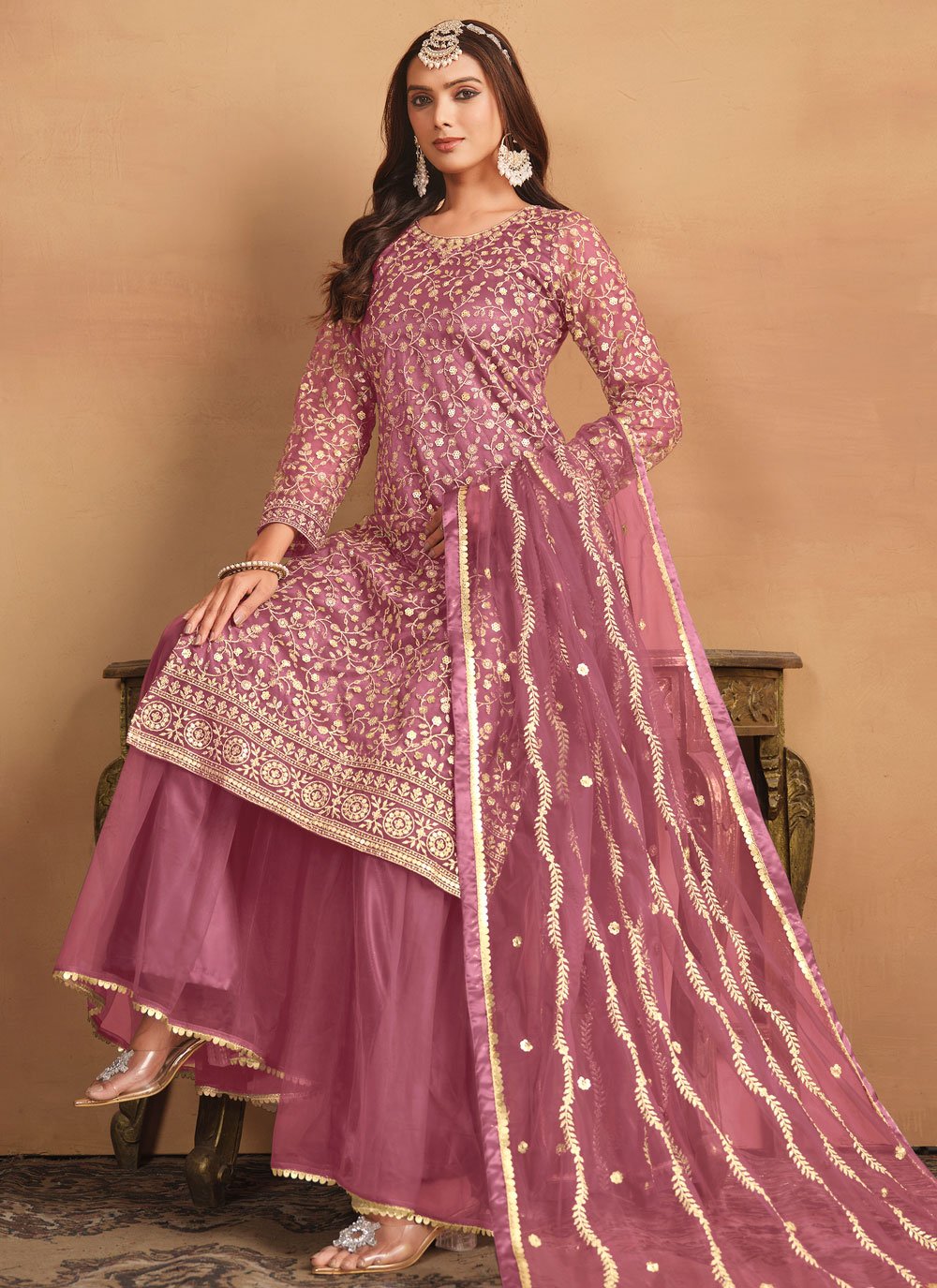 Elegant Lavender Net Embroidered Sharara Set for Women