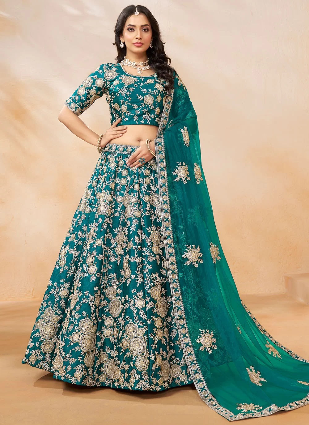 Morpeach Art Silk Wedding Lehenga with Sequins Embroidery and Net Dupatta