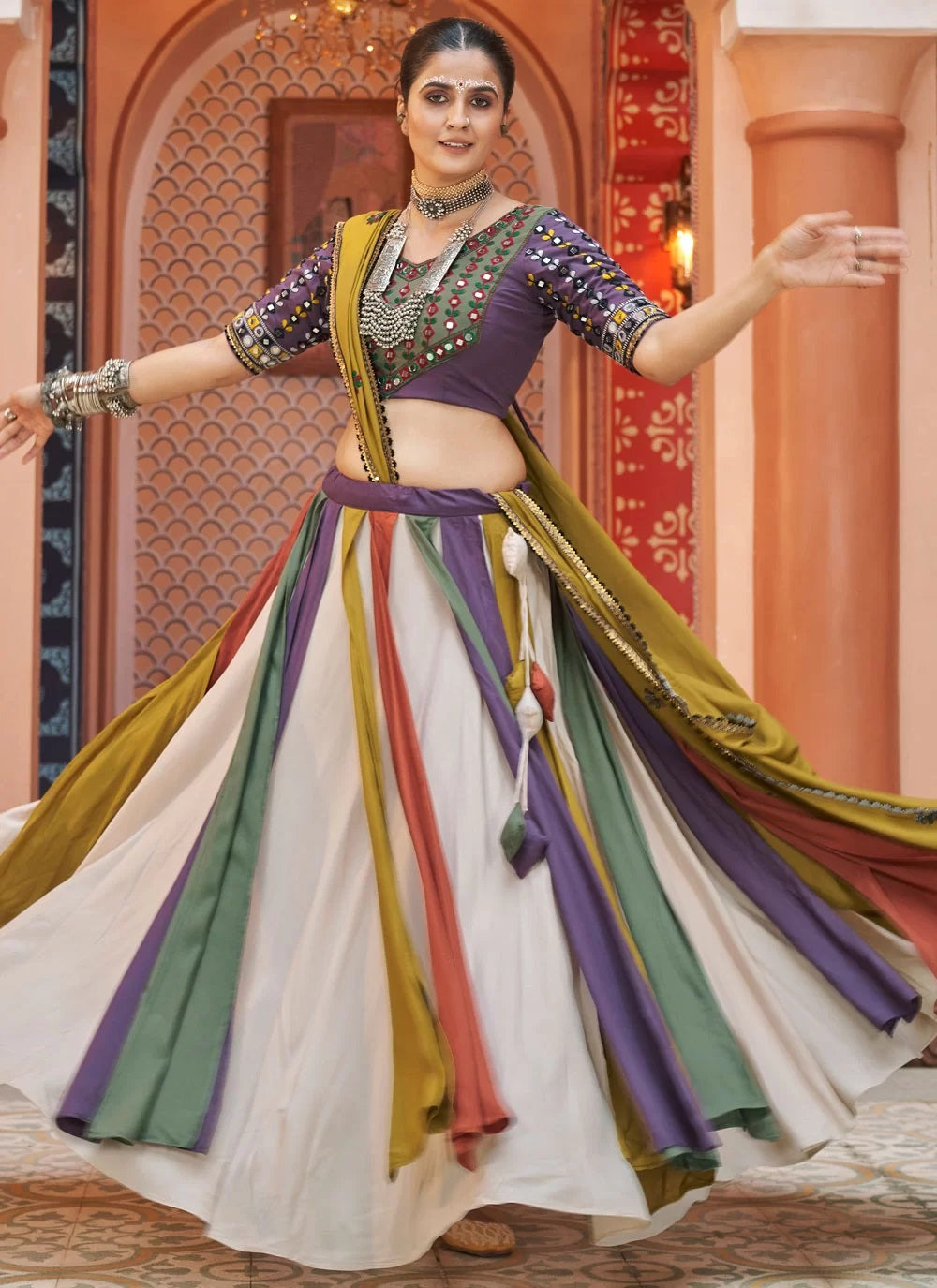 Elegant Multicolor Viscose Rayon Traditional Navratri Lehenga with Mirror Embroidery