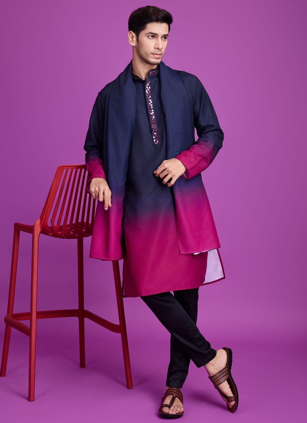 Elegant Navy Blue Men's Kurta with Hand Mirror Work for Navratri