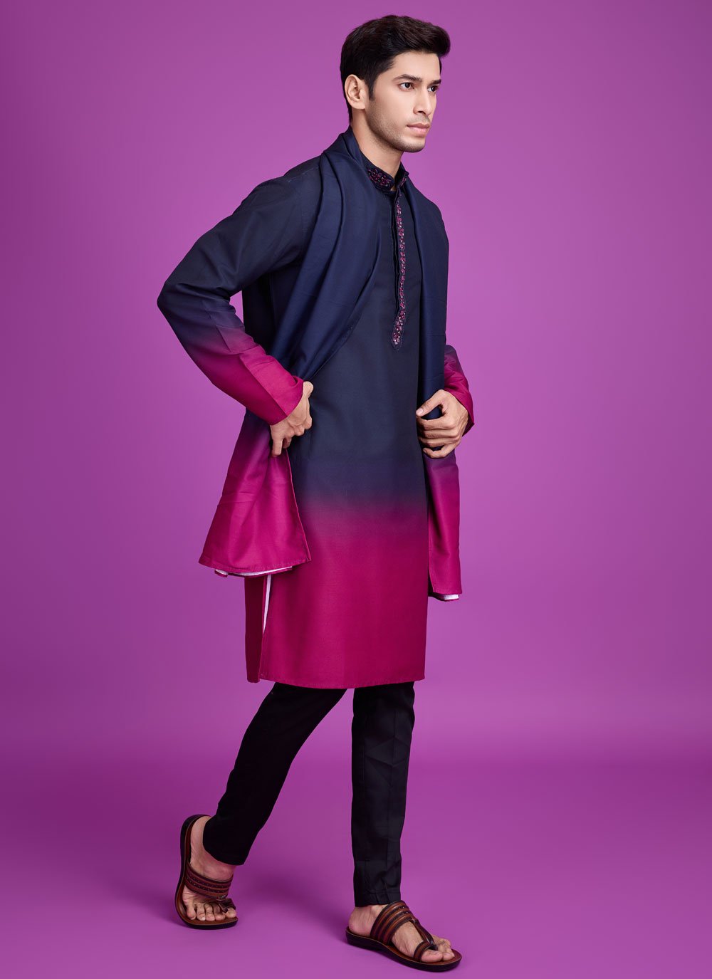 Elegant Navy Blue Men's Kurta with Hand Mirror Work for Navratri