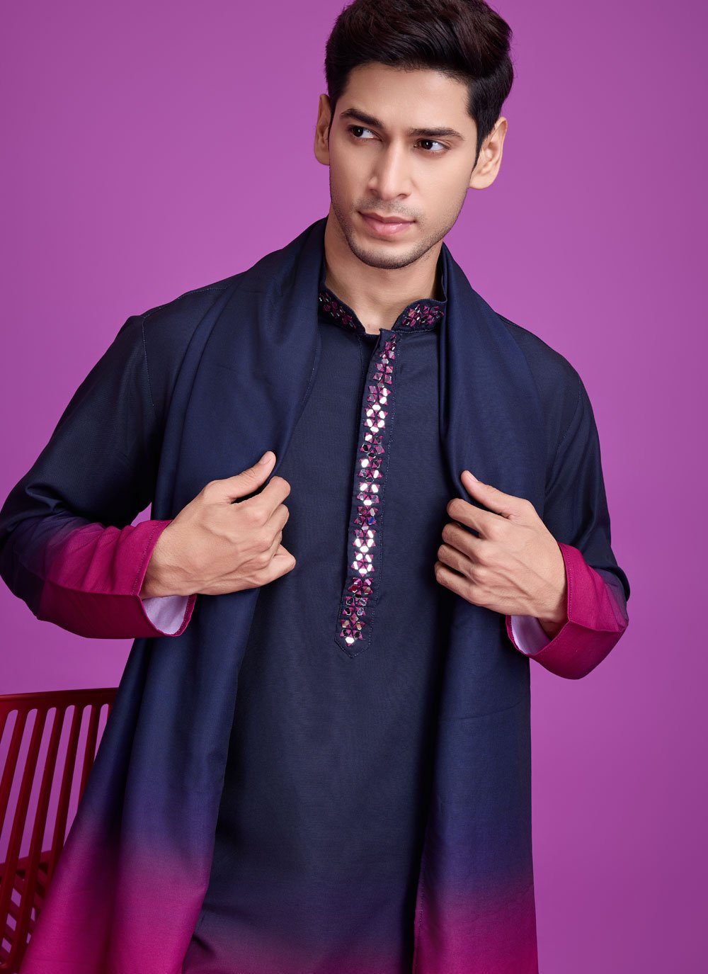 Elegant Navy Blue Men's Kurta with Hand Mirror Work for Navratri