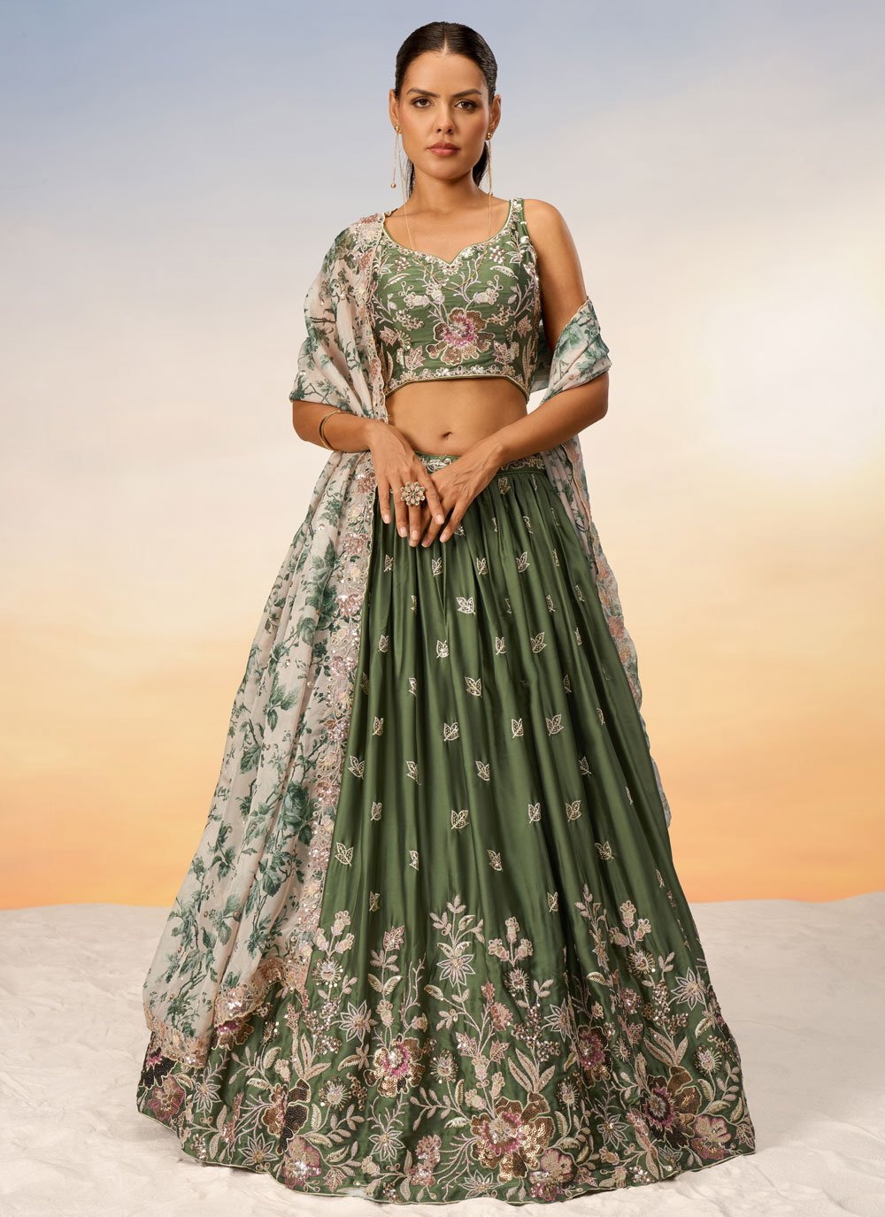 Elegant Olive Poly Chiffon Reception Wear Lehenga Choli with Net Dupatta