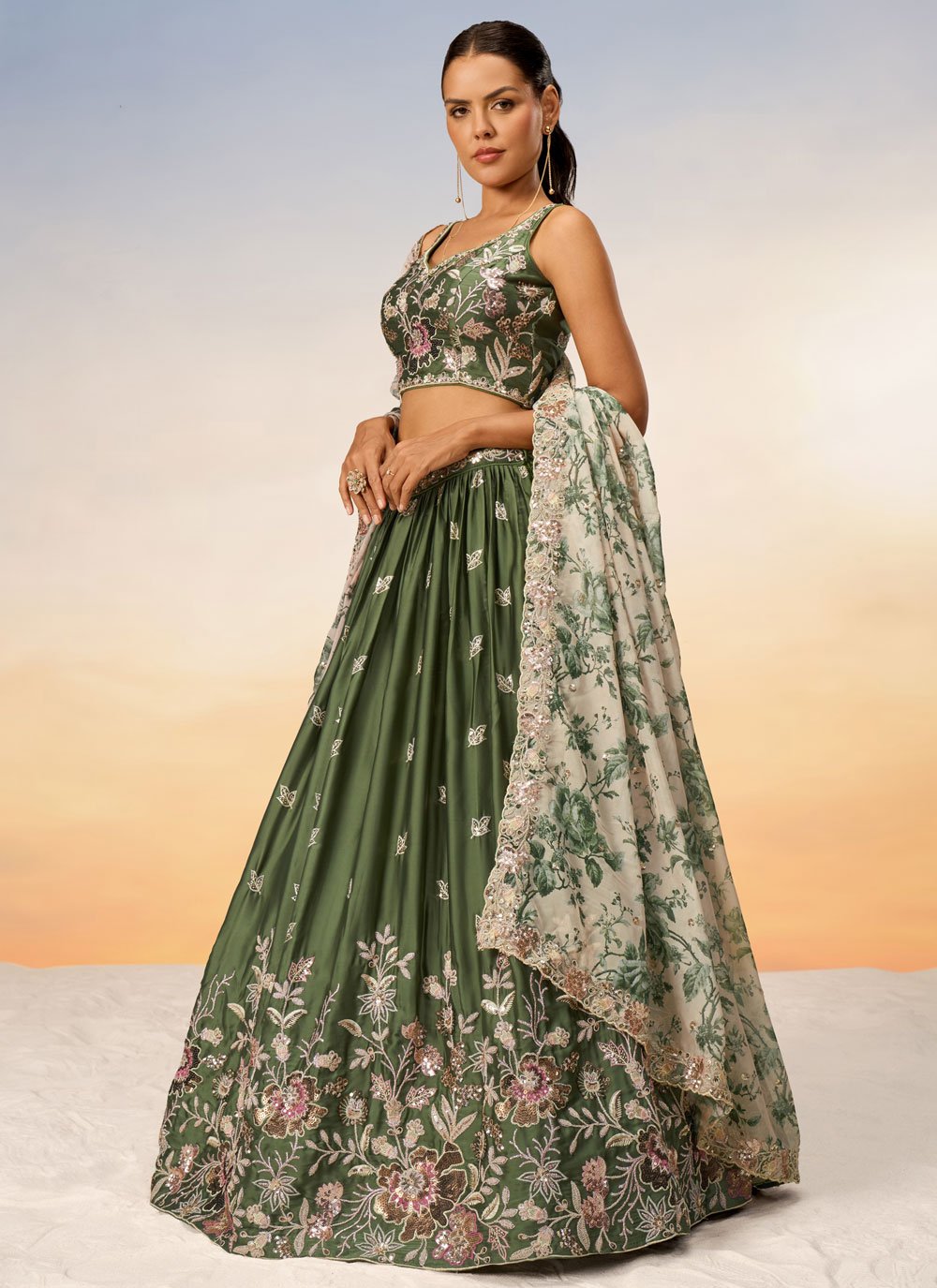 Elegant Olive Poly Chiffon Reception Wear Lehenga Choli with Net Dupatta