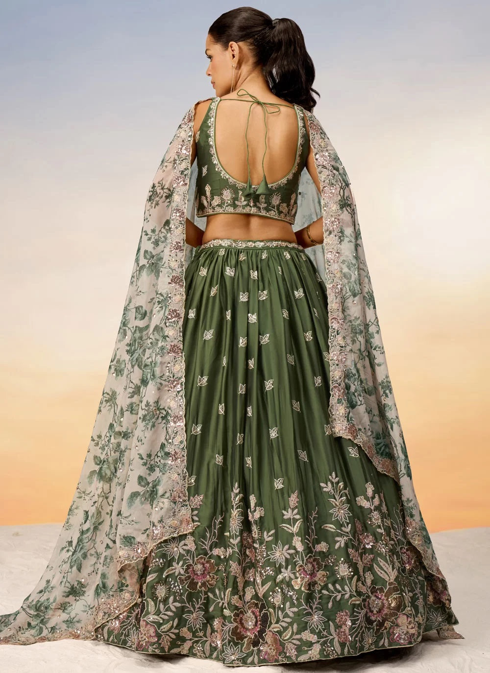 Elegant Olive Poly Chiffon Reception Wear Lehenga Choli with Net Dupatta