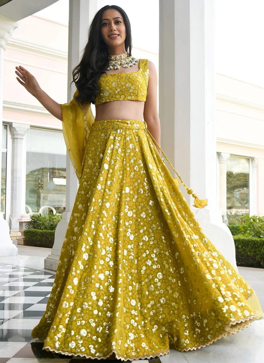 Olive yellow mehndi lehenga with sequins embroidery work
