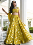 Olive yellow mehndi lehenga with sequins embroidery work