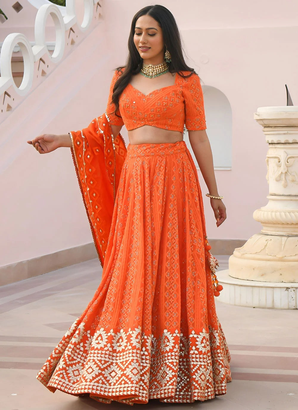 Orange bridesmaid lehenga with gota patti embroidery work
