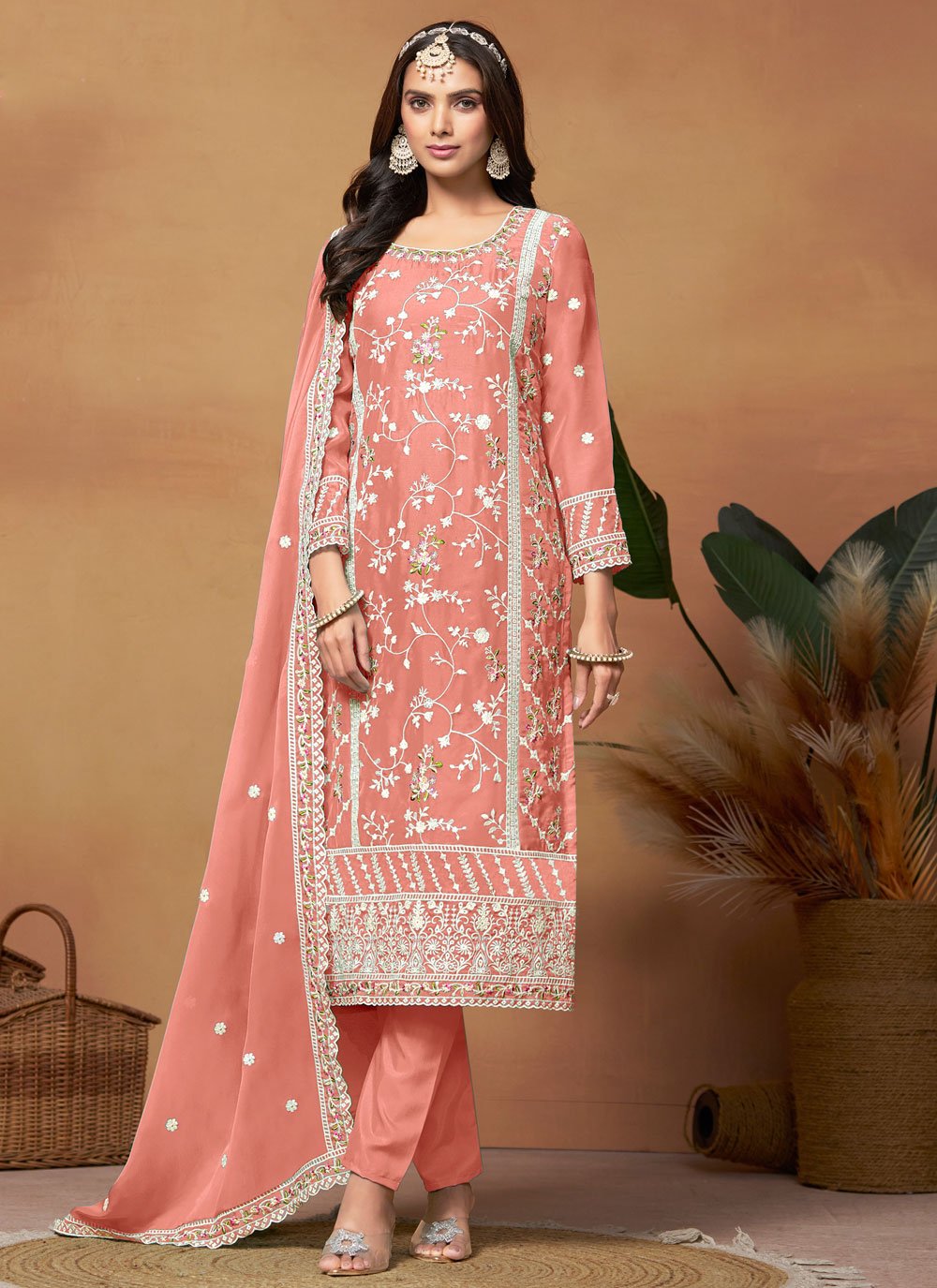 Elegant Peach Embroidered Straight Cut Pakistani Salwar Suit