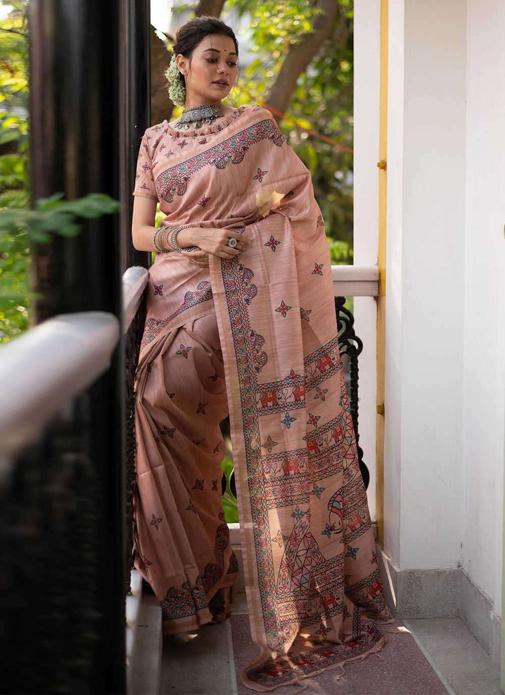 Elegant Peach Tussar Silk Saree with Madhubani Print Border