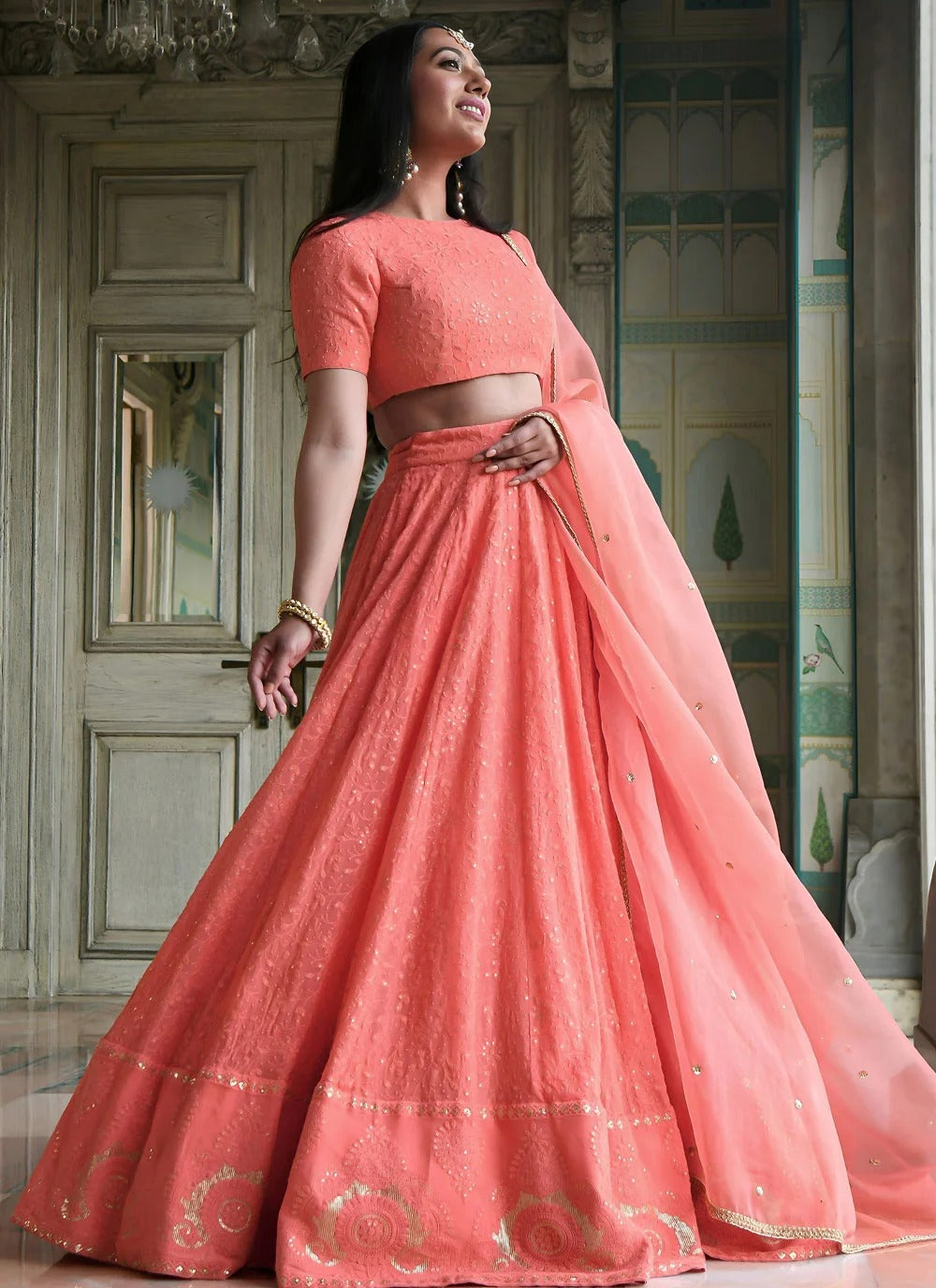 Peach festive lehenga with organza dupatta for women