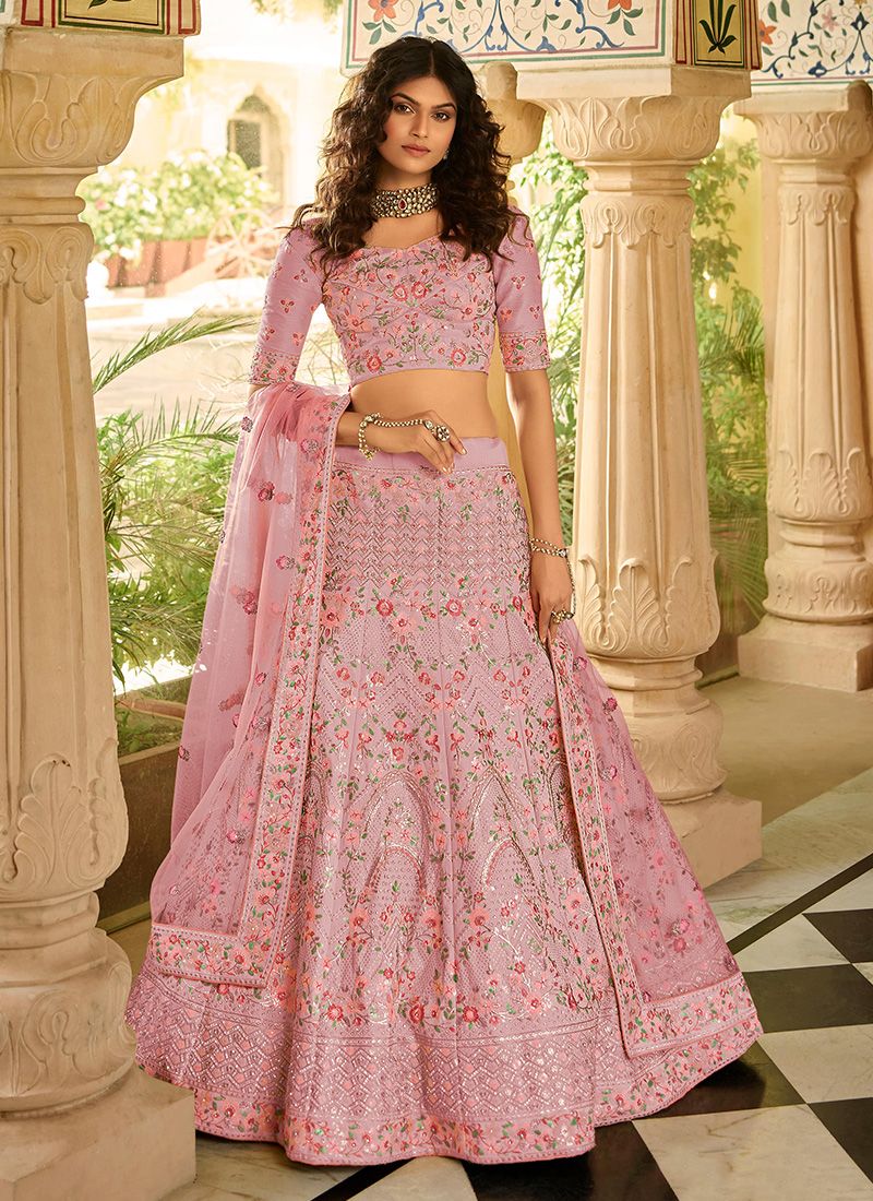 Elegant Pink Art Silk Lehenga Choli Embellished with Sequins and Zari Work