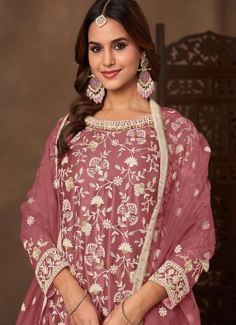 Elegant Pink Net Embroidered Palazzo Suit