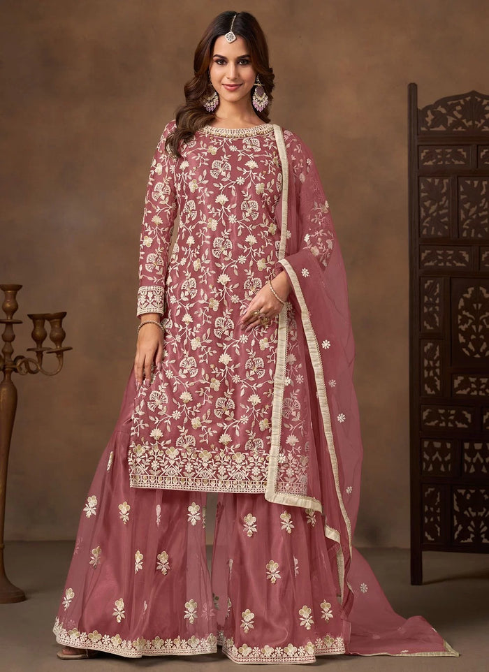 Pink Palazzo Salwar Suit | Net Embroidered Suit with Satin Inner