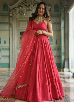 Pink engagement lehenga with pearl lace embroidery work