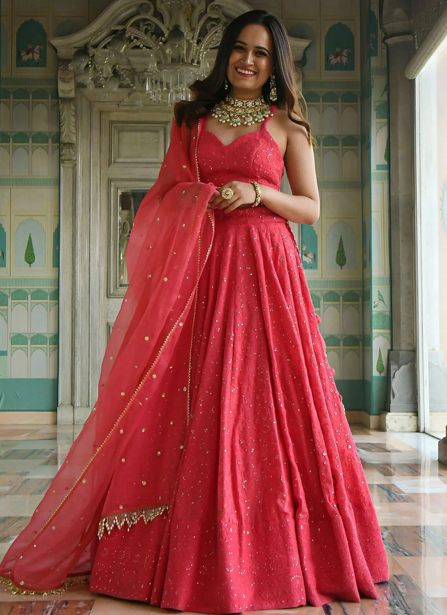 Pink engagement lehenga with pearl lace embroidery work