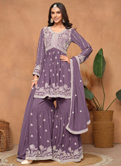 Elegant Purple Embroidered Sharara Style Suit in Faux Georgette