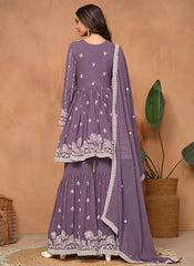 Elegant Purple Embroidered Sharara Style Suit in Faux Georgette