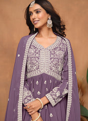 Elegant Purple Embroidered Sharara Style Suit in Faux Georgette