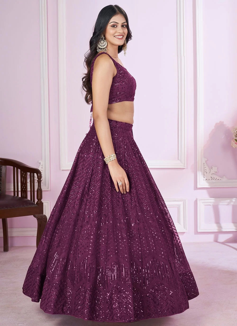 Purple soft net lehenga with thread embroidery work