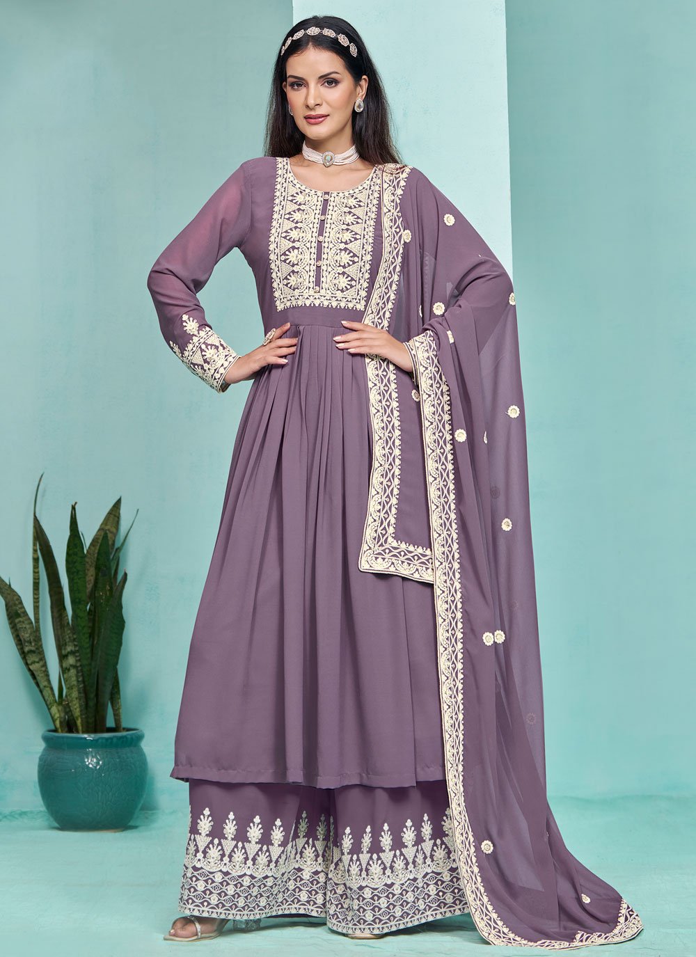 Elegant Purple Faux Georgette Embroidered Palazzo Suit for Women