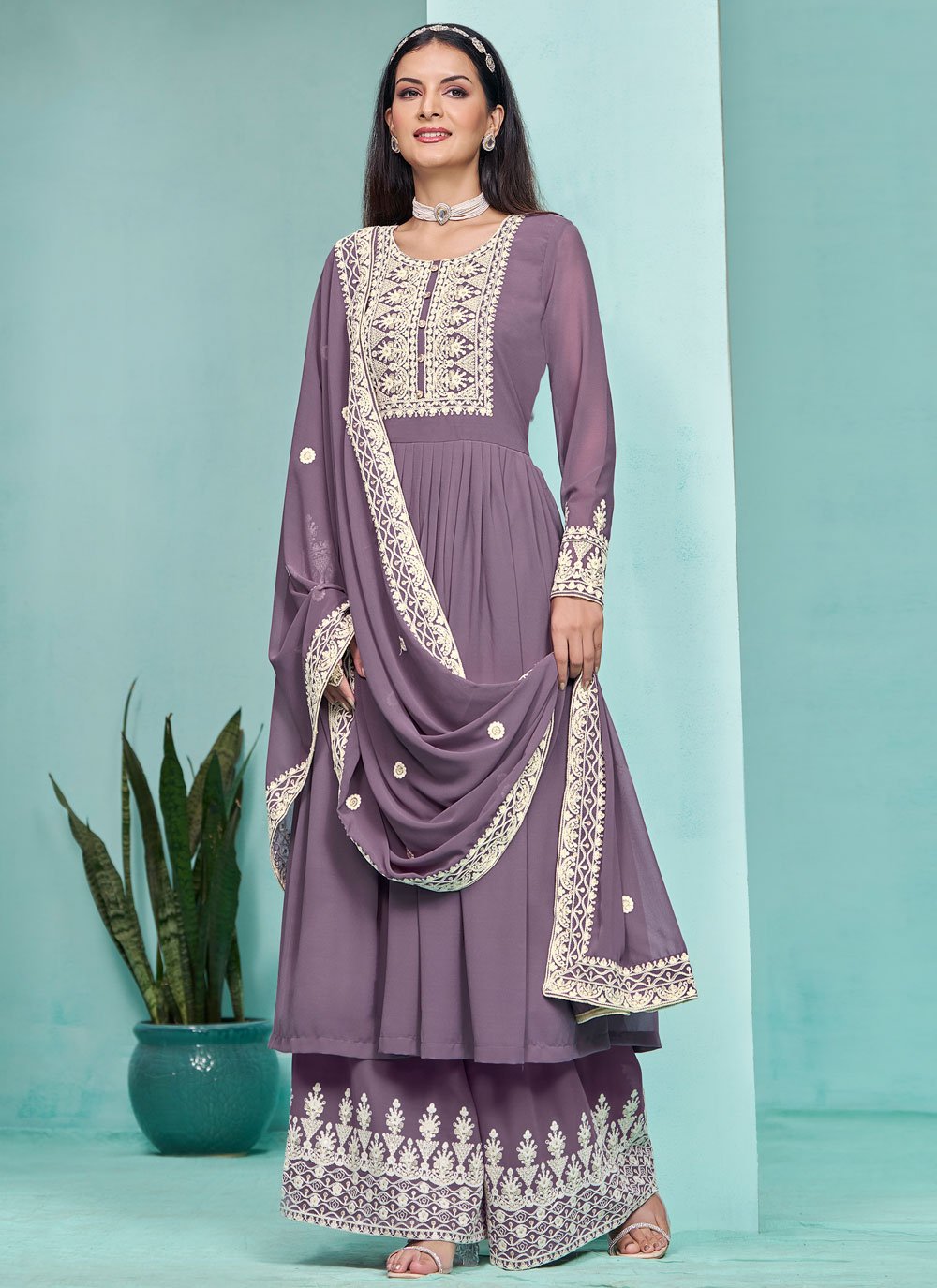 Elegant Purple Faux Georgette Embroidered Palazzo Suit for Women