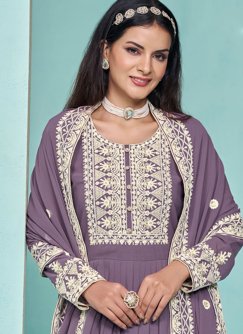 Elegant Purple Faux Georgette Embroidered Palazzo Suit for Women